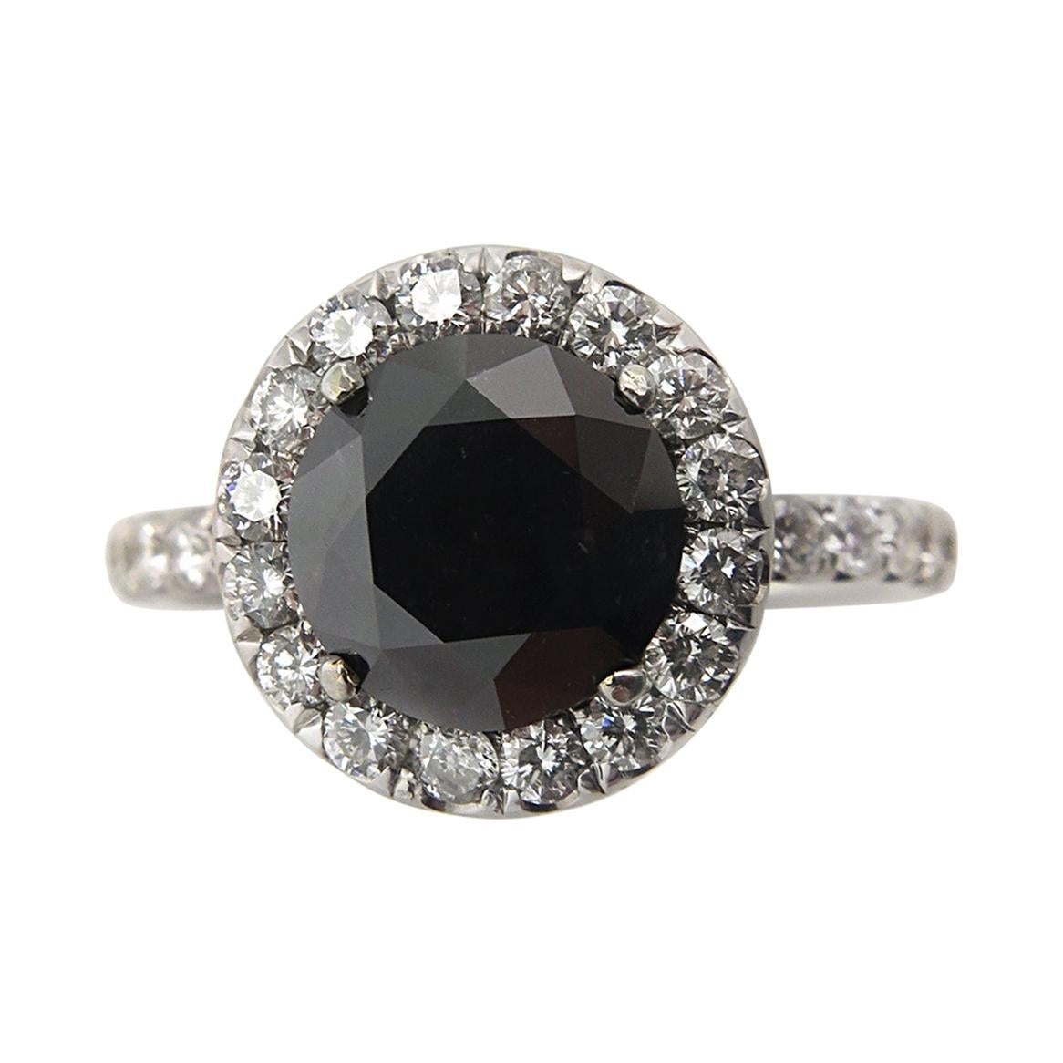 Bague de fiançailles de mariage en or blanc avec diamant rond de 3,00 carats de couleur noire EGL, États-Unis en vente