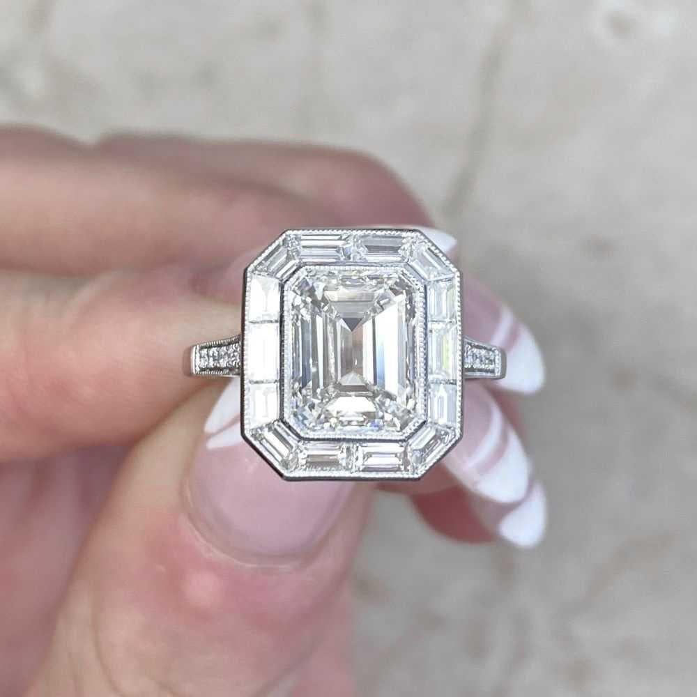 3.00 Carat GIA-Certified Emerald-Cut Diamond Engagement Ring with Diamond Halo For Sale 5