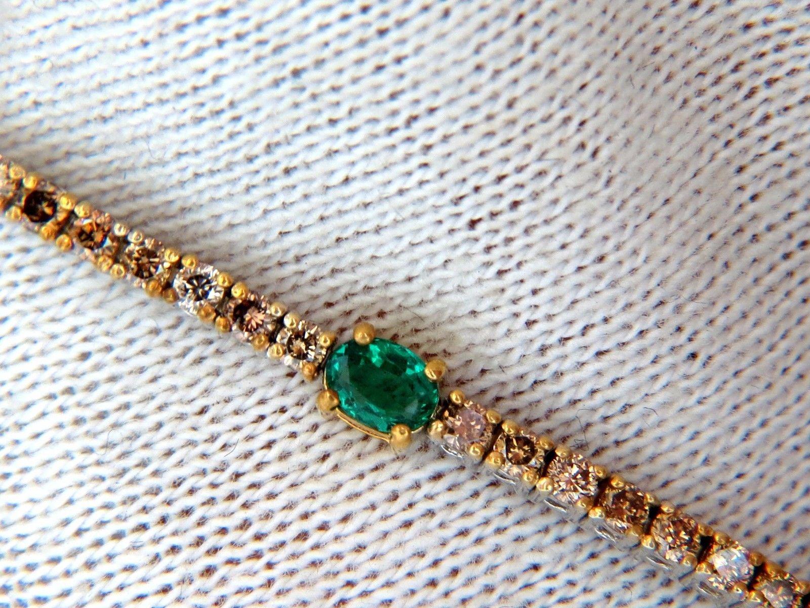 3.00 Carat Green Natural Emeralds Fancy Color Diamonds Tennis Bracelet 14 Karat For Sale 1