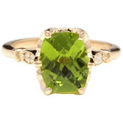 3,00 Karat beeindruckender Ring mit natürlichem Peridot und Diamant aus 14 Karat Gelbgold