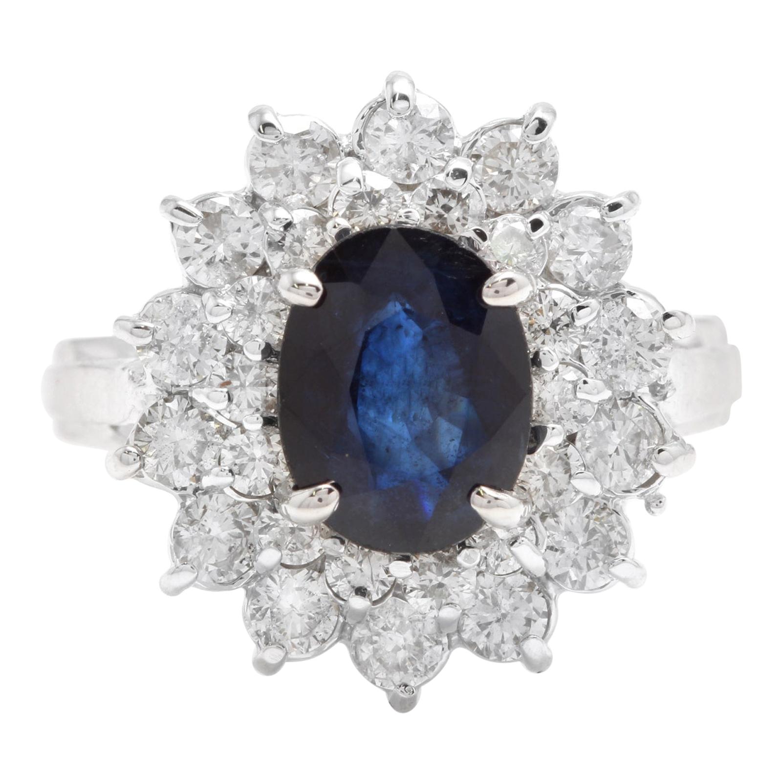 3.00 Carat Natural Blue Sapphire and Diamond 14 Karat Solid White Gold Ring