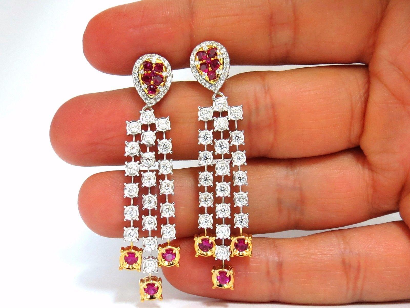 Round Cut 3.00 Carat Natural Deep Red Ruby Diamond by Yard Dangle Earrings 14 Karat For Sale