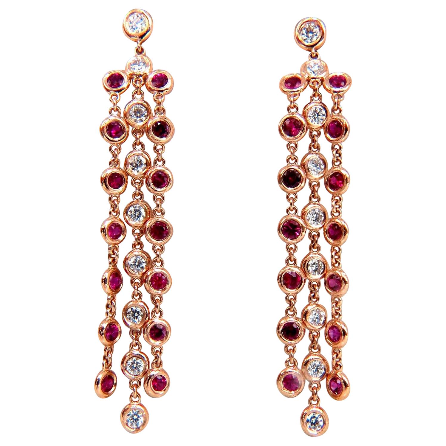 3.00 Carat Natural Deep Red Ruby Diamond by Yard Dangle Earrings 14 Karat For Sale