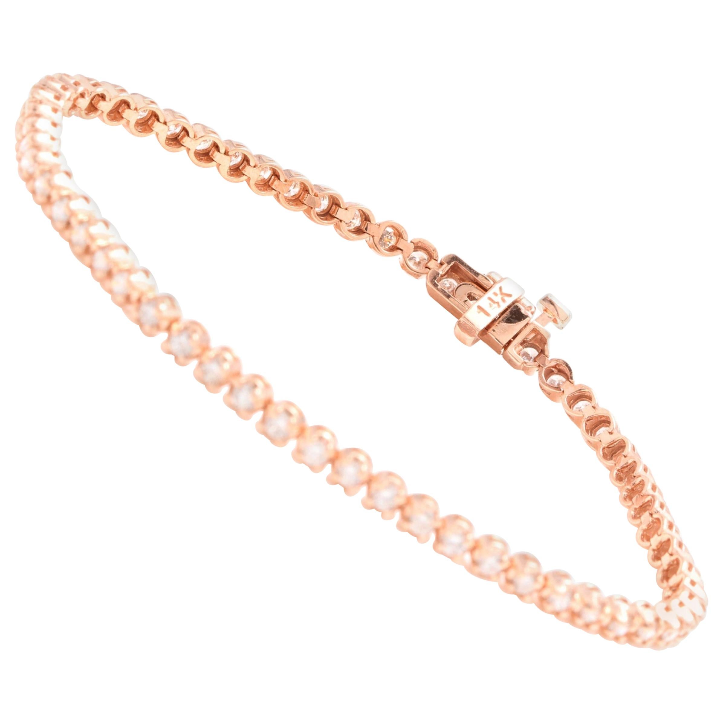 Bracelet en or rose massif 14 carats avec diamants naturels de 3,00 carats en vente