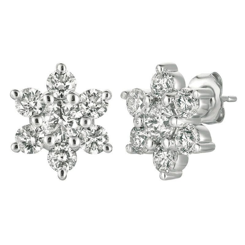 Contemporary 3.00 Carat Natural Diamond Flower Cluster Earrings G SI 14K White Gold For Sale
