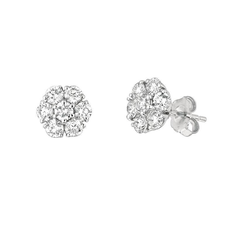 3,00 Karat natürlicher Diamant Blume Cluster-Ohrringe G SI 14 Karat Weißgold (Rundschliff) im Angebot