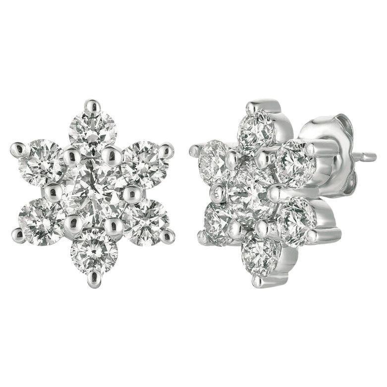 Boucles d'oreilles en or blanc 14 carats avec grappe de fleurs en diamants naturels de 3,00 carats G SI