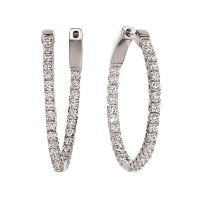 Round Cut 3.00 Carat Natural Diamond Hoop Flexible Earrings G SI 14K White Gold For Sale