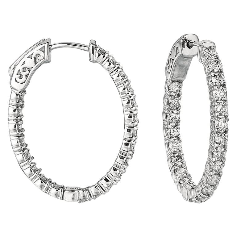 3.00 Carat Natural Diamond Oval Hoop Earrings G SI in 14 Karat White Gold For Sale