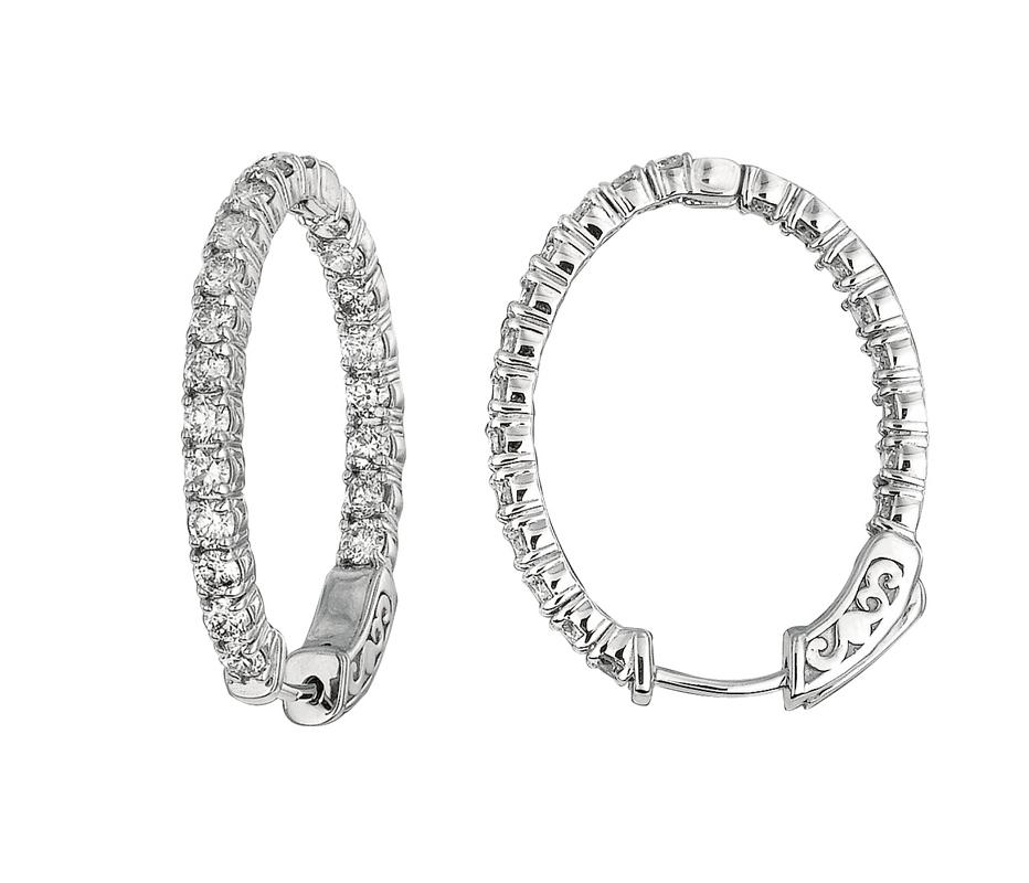 Contemporary 3.00 Carat Natural Diamond Oval Hoop Earrings G SI in 14 Karat White Gold For Sale