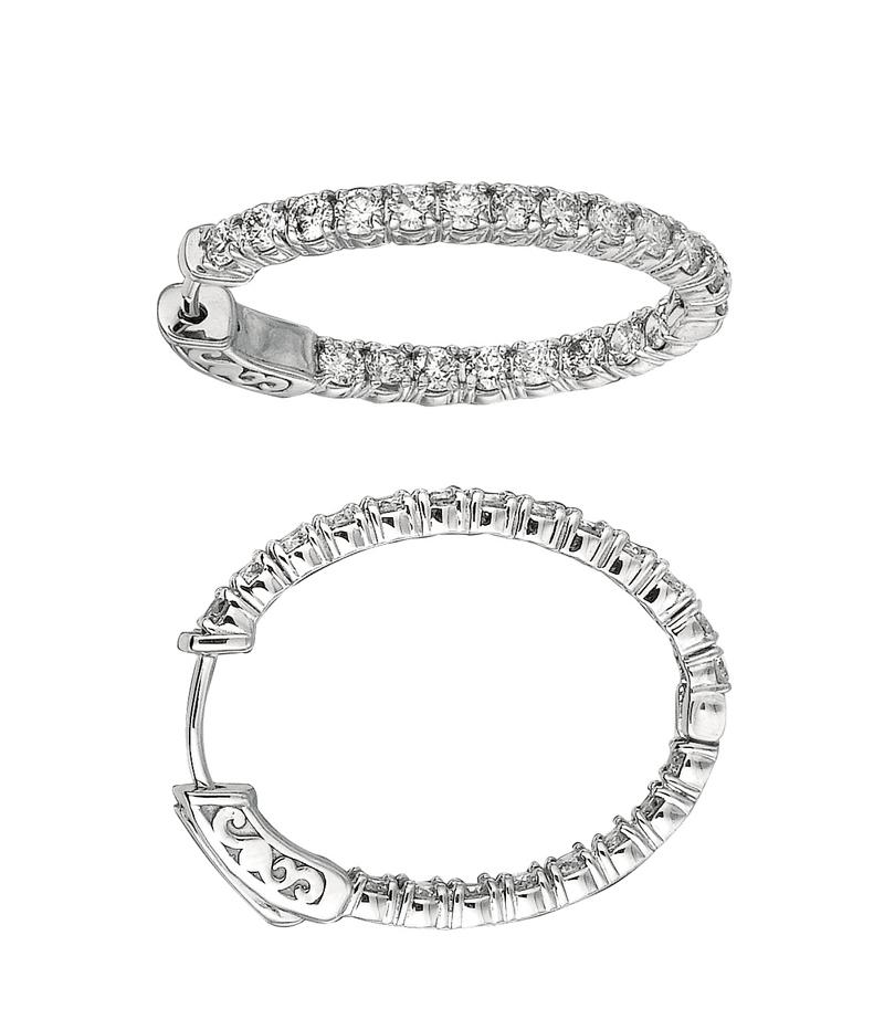 Round Cut 3.00 Carat Natural Diamond Oval Hoop Earrings G SI in 14 Karat White Gold For Sale