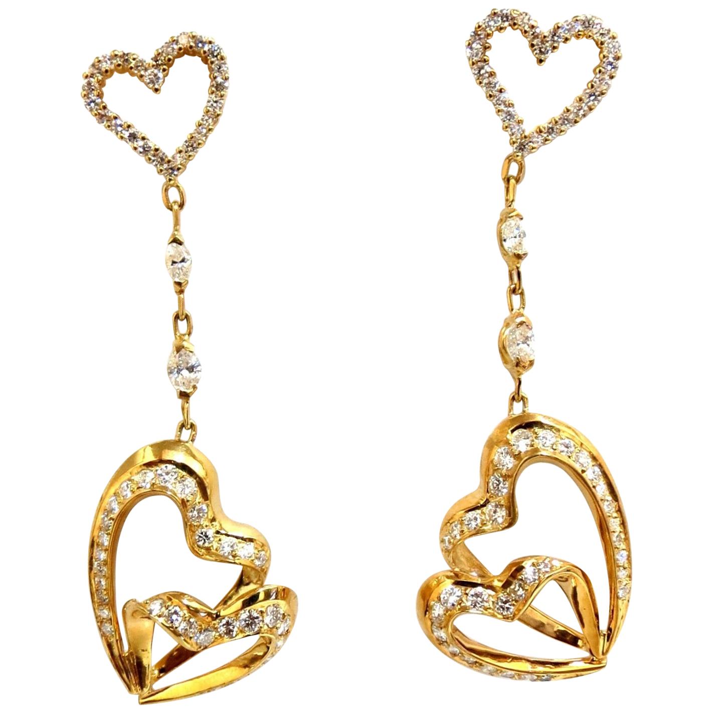 3.00 Carat Natural Diamonds Hearts on Hearts Dangle Earrings 18 Karat For Sale