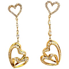 Pendants d'oreilles en or 18 carats avec cœurs et diamants naturels en forme de cœurs de 3,00 carats