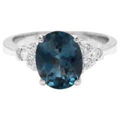 3,00 quilates naturales Impresionante Topacio Azul de Londres y Diamante Anillo de Oro Blanco de 14k