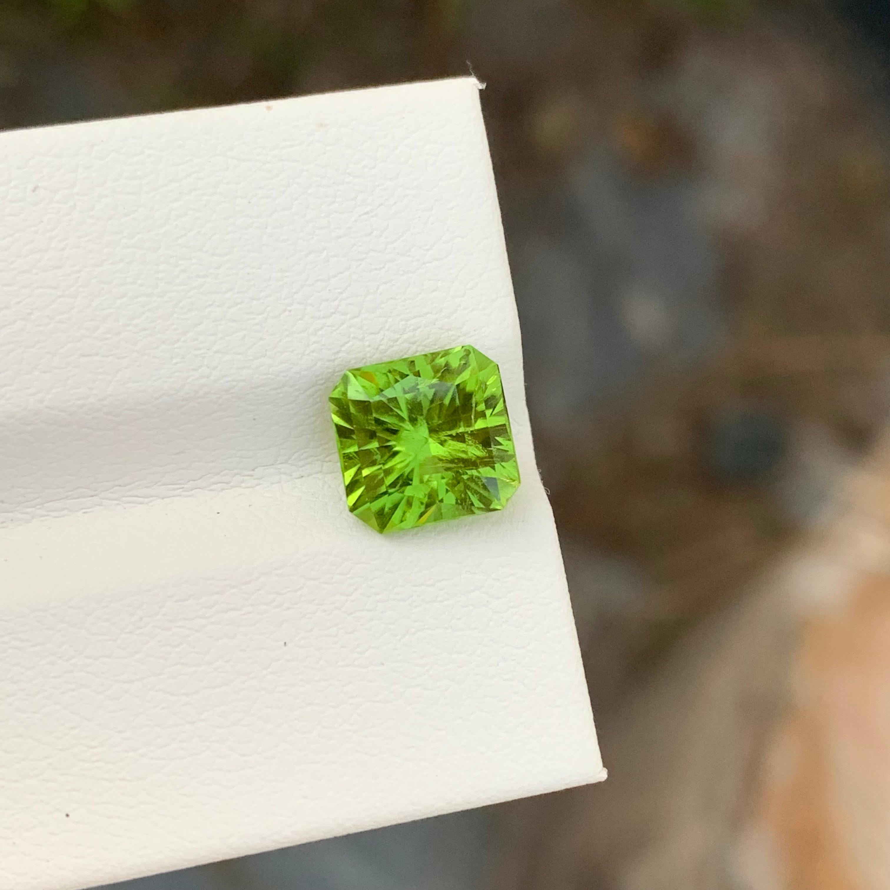 Loose Peridot
Weight: 3.00 Carats
Dimension: 8 x 7.8 x 6 Mm
Colour: Green
Origin: Supat Valley, Pakistan
Shape: Square 
Certificate: On Demand
Treatment: Non

Peridot, a vibrant and lustrous gemstone, has been cherished for centuries for its unique