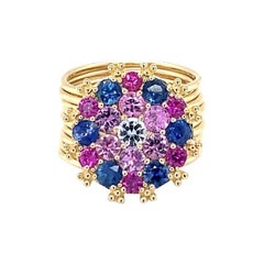 3.00 Carat Natural Multi Color Sapphire Diamond Yellow Gold Cocktail Ring
