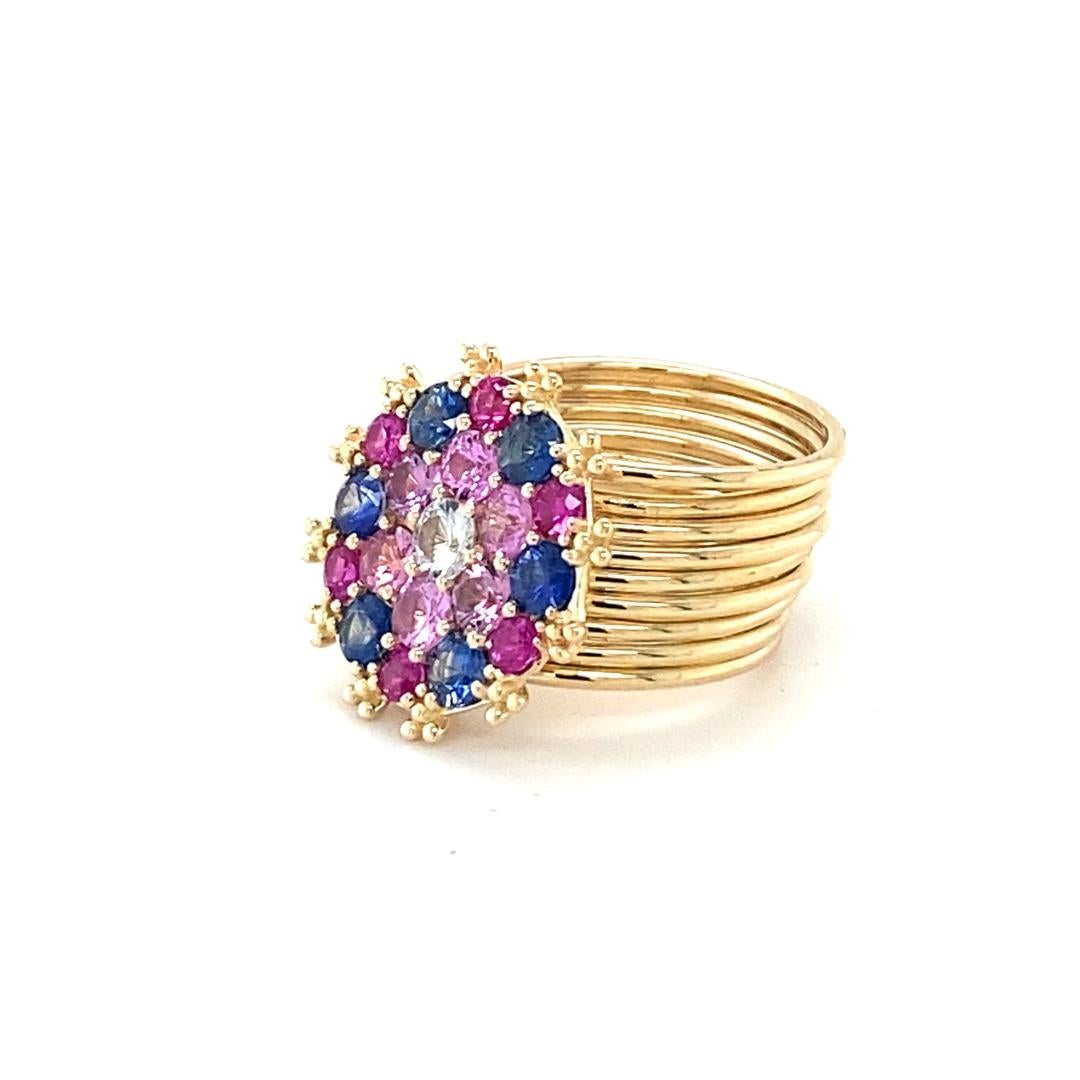 Round Cut 3.00 Carat Natural Multi Color Sapphire Diamond Yellow Gold Cocktail Ring For Sale