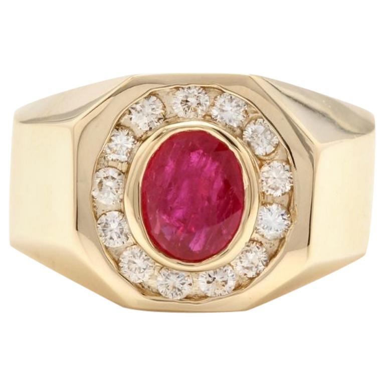 Bague pour homme en or jaune massif 14 carats avec rubis naturel de 3,00 carats et diamants en vente