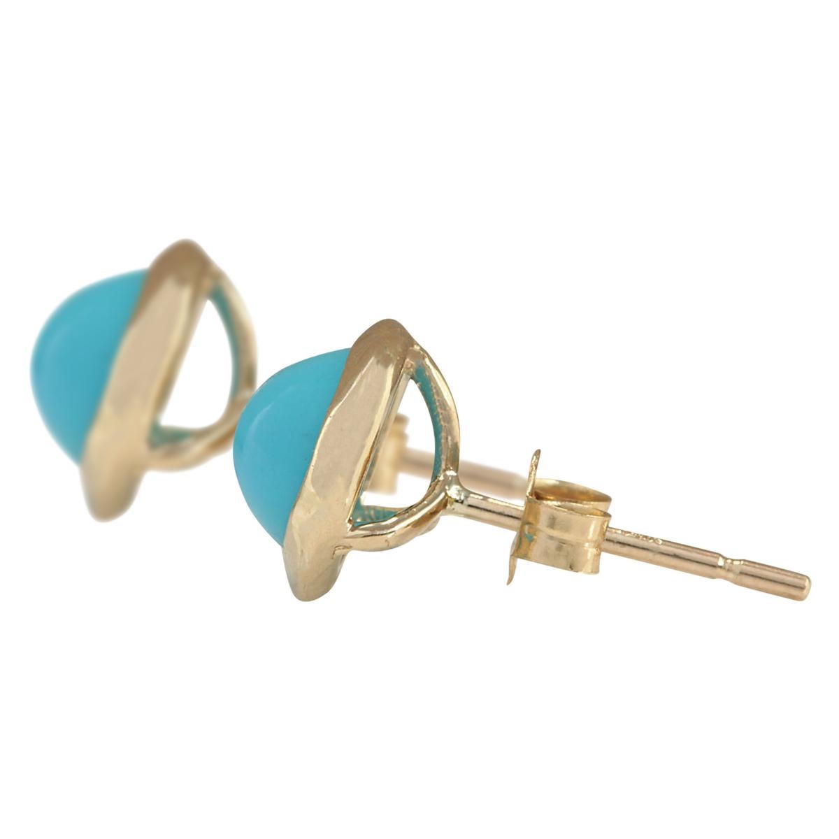 Stamped: 14K Yellow Gold
Total Earrings Weight: 1.8 Grams
Total Natural Turquoise Weight is 3.00 Carat (Measures: 7.00x7.00 mm)
Color: Blue
Face Measures: 8.90x8.90 mm
Sku: [703325W]