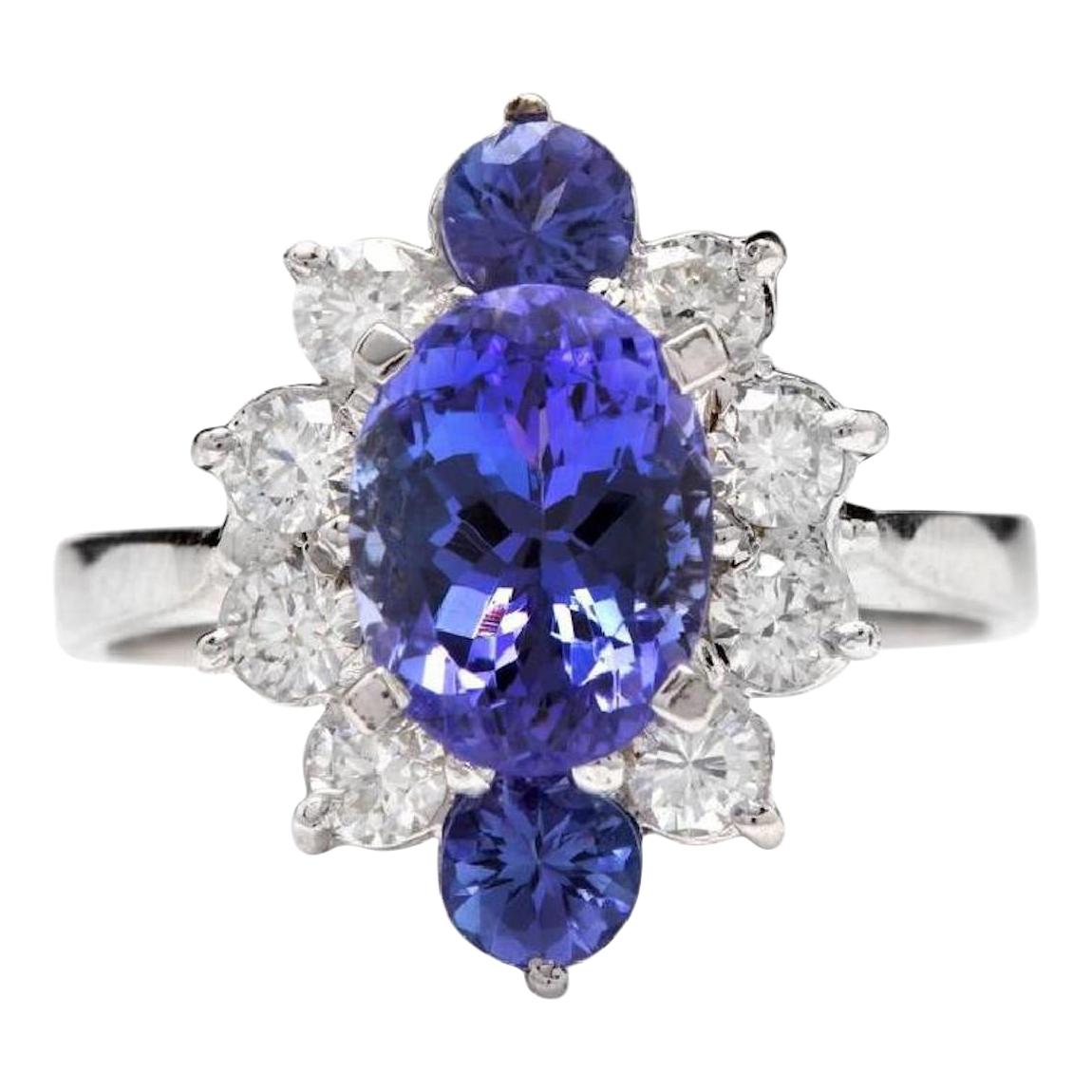3.00 Carat Natural Very Nice Looking Tanzanite and Diamond 14K Solid White Gold For Sale