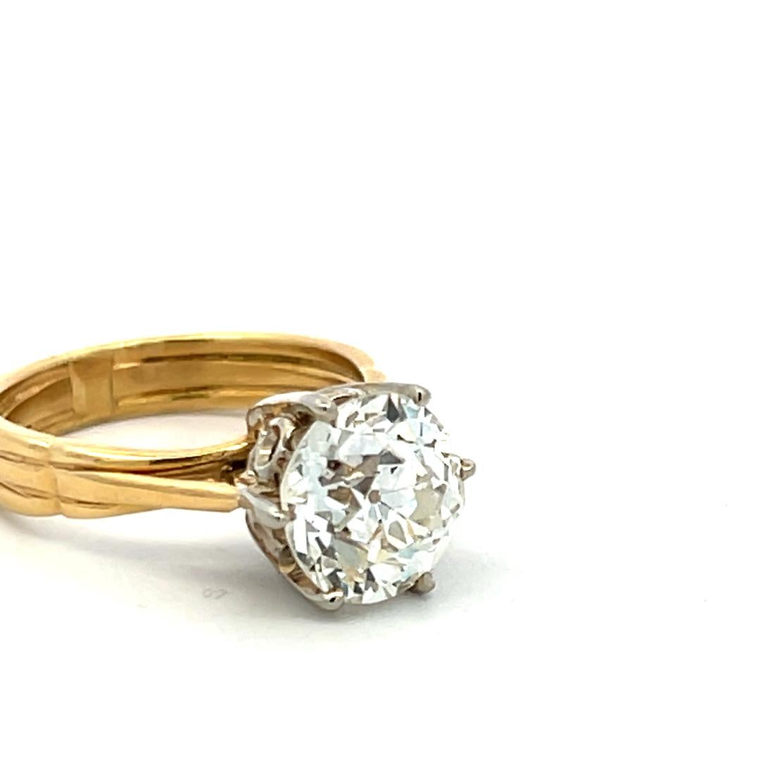 3.00 Carat Old European Cut J SI1 Diamond 14 Karat Two Tone Gold Engagement Ring en vente 3