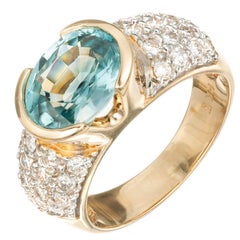 3.00 Carat Oval Blue Zircon Diamond Yellow Gold Ring