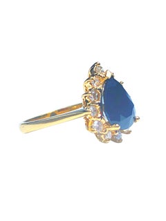 3.00 Carat Pear-Shape Blue Sapphire and Diamond 14K Yellow Gold Ring