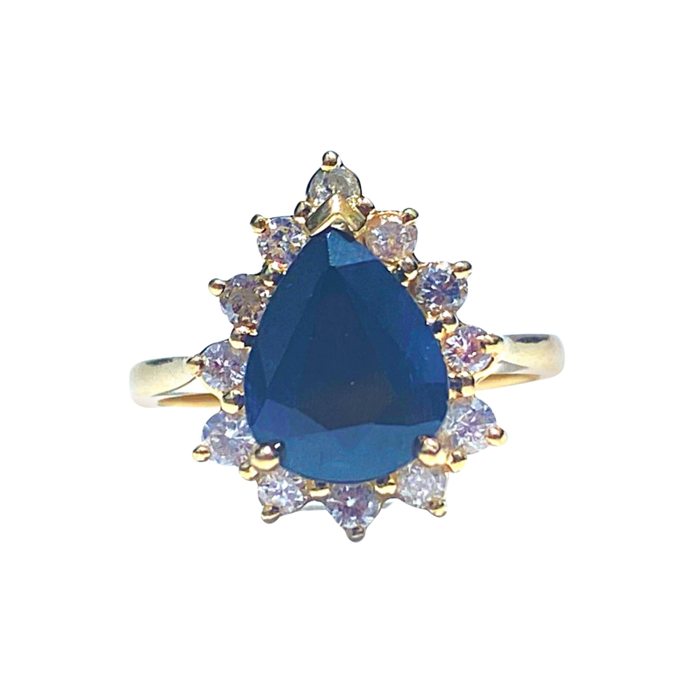 3.00 Carat Pear-Shape Blue Sapphire and Diamond 14K Yellow Gold Ring For Sale
