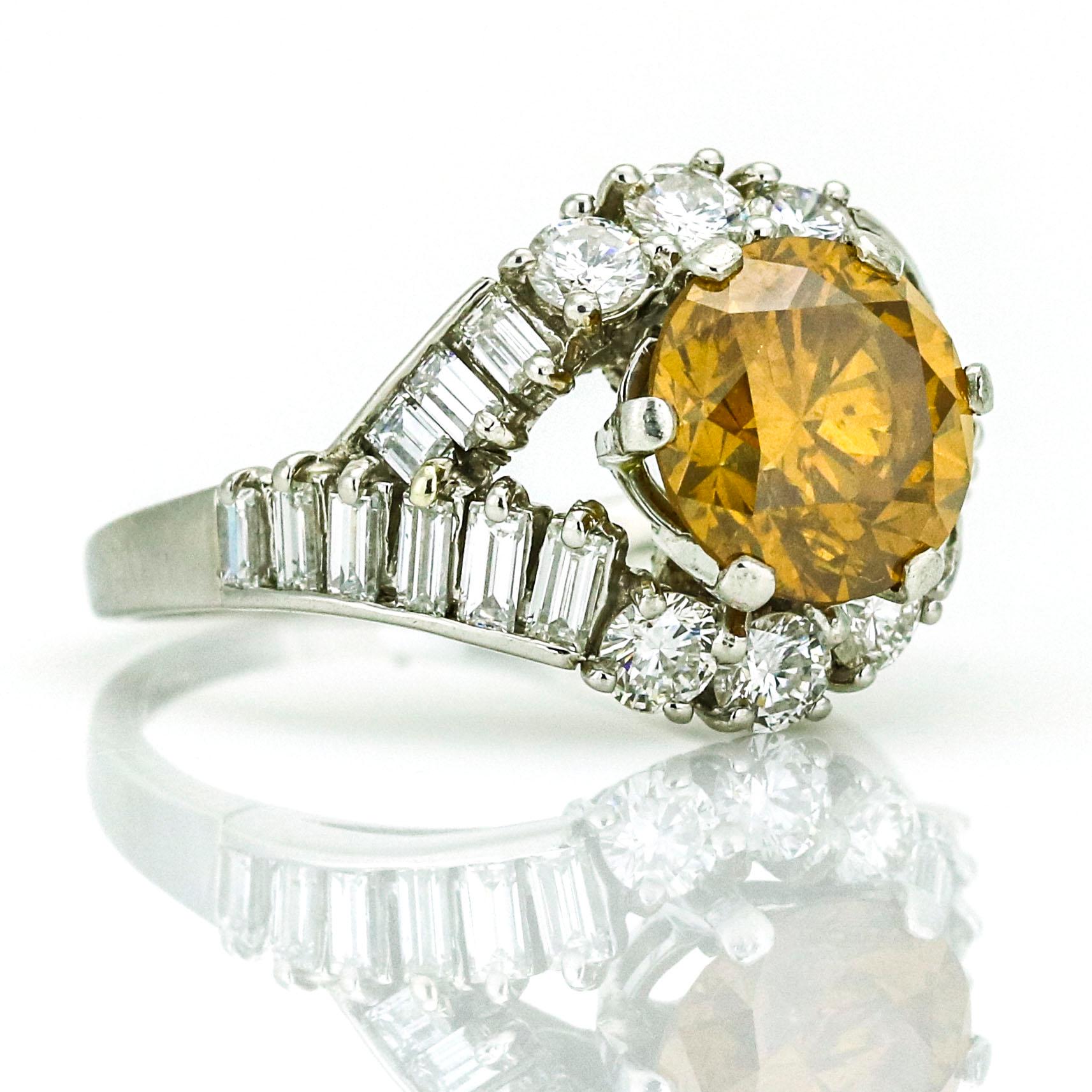 Retro 3.00 Carat Platinum GIA Fancy Colored Natural Orange Diamond Ring For Sale