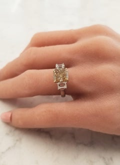 3.00 Carat Radiant Cut Fancy Yellow Diamond Cocktail Ring in Platinum