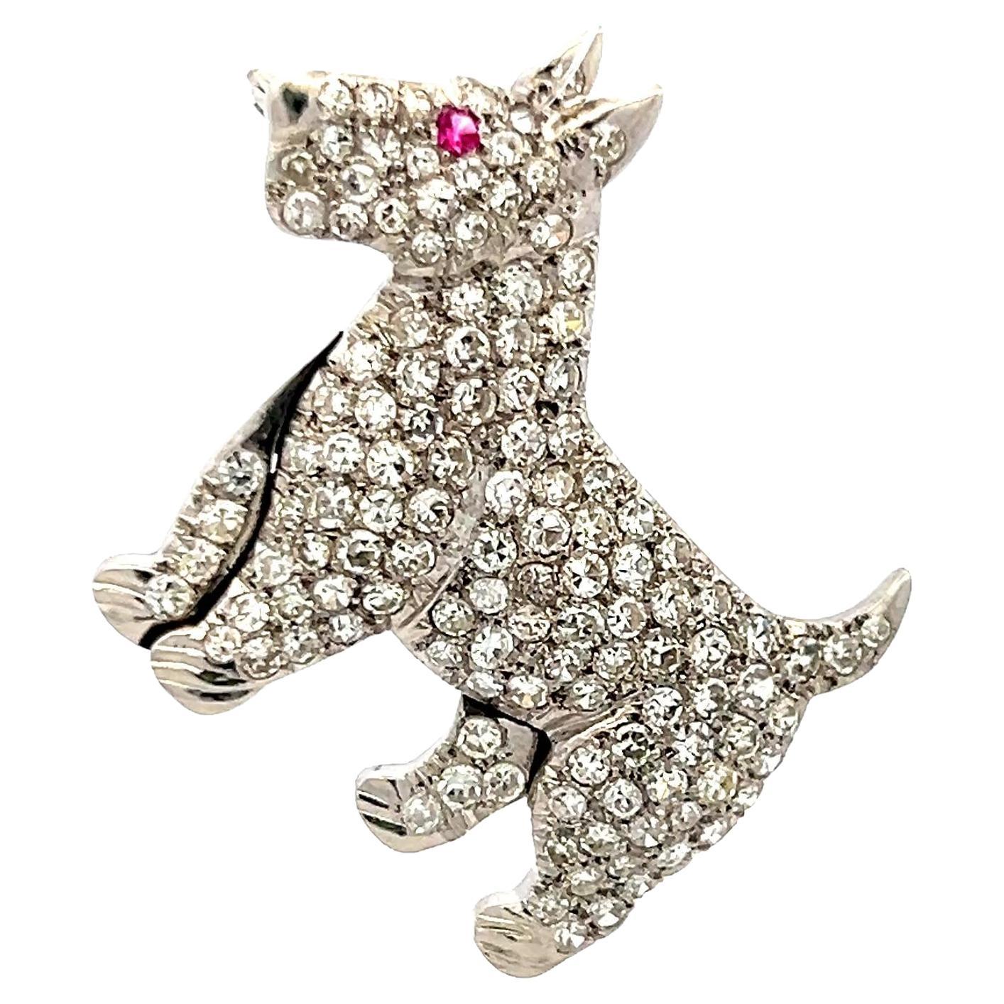 3.00 Carat Round Diamond 0.02 Carat Ruby 18 Karat White Gold Pin Brooch