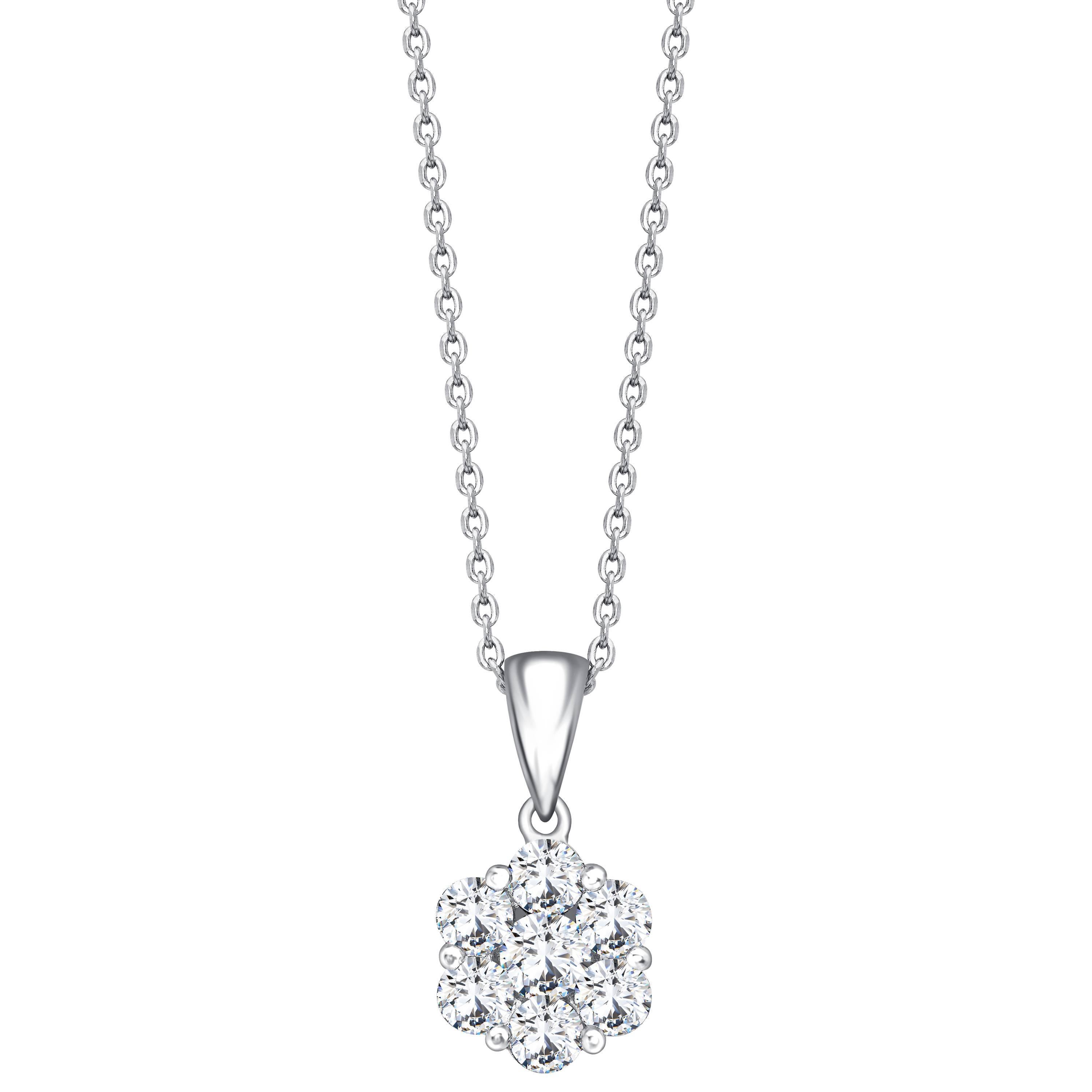 This Beautiful 3.00 Carat Flower design Cluster Diamond pendant features 7 beutiful round brilliant cut diamonds color G/H clarity SI1, white eye clean, and lustrous diamonds. A stunning necklace with an adjustable chain suitable for any occasion