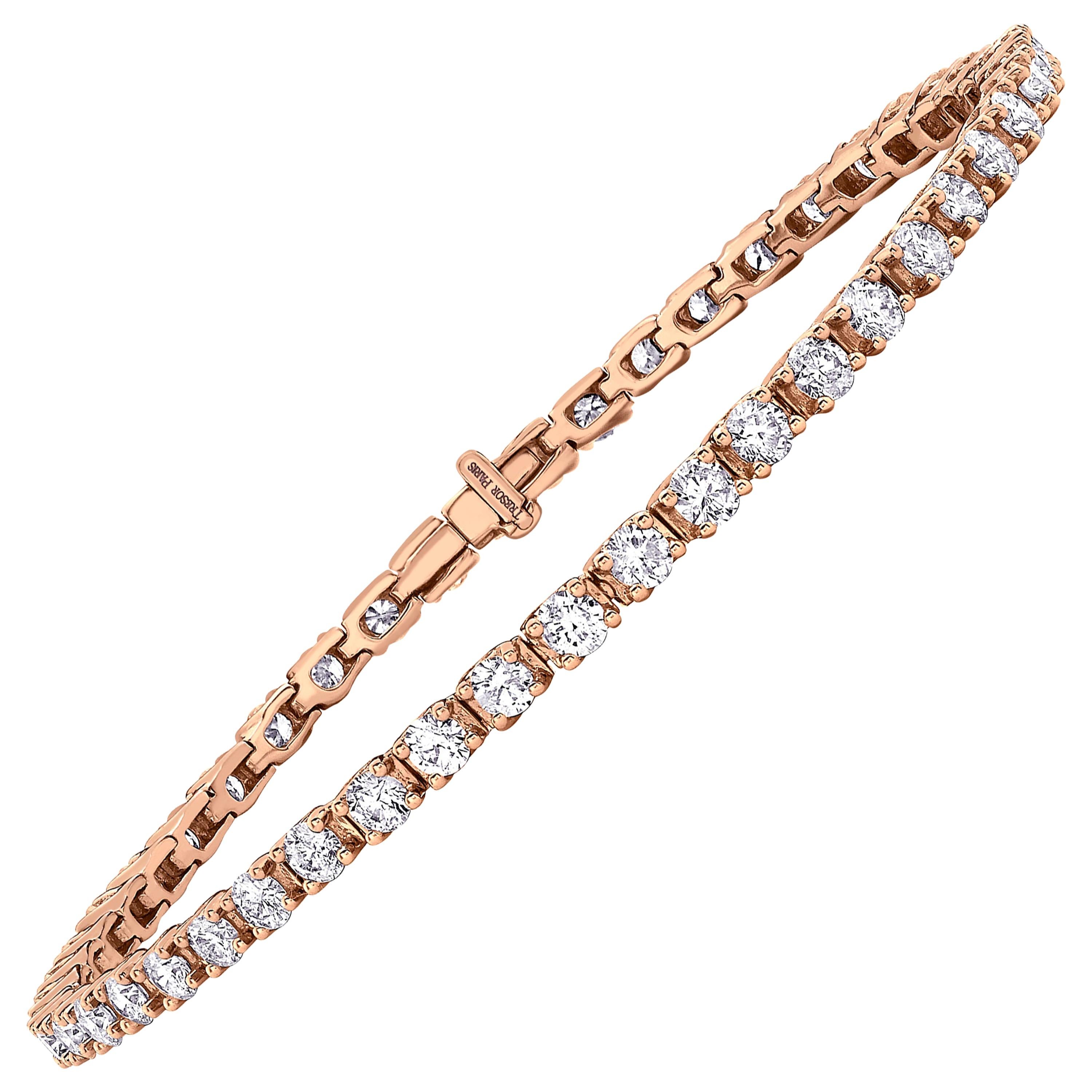Bracelet tennis Riviera à quatre griffes en or rose 18 carats avec diamants ronds de 3,00 carats