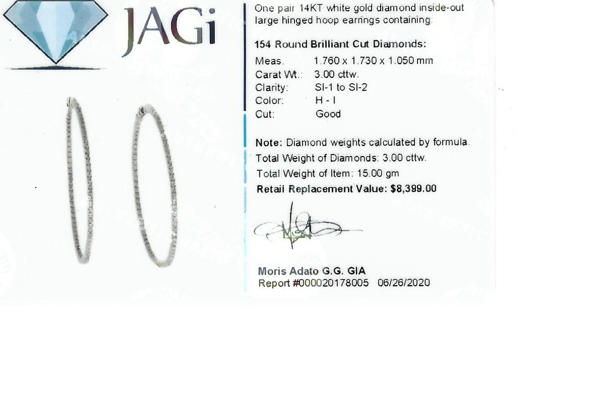 3.00 Carat Round Diamond Inside-Outside Large Hoop Earrings 14 Karat White Gold For Sale 13