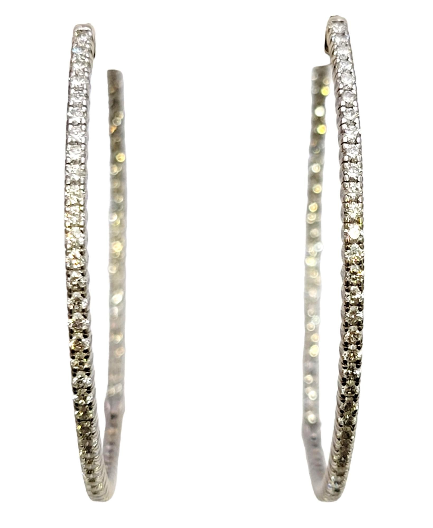 Round Cut 3.00 Carat Round Diamond Inside-Outside Large Hoop Earrings 14 Karat White Gold For Sale
