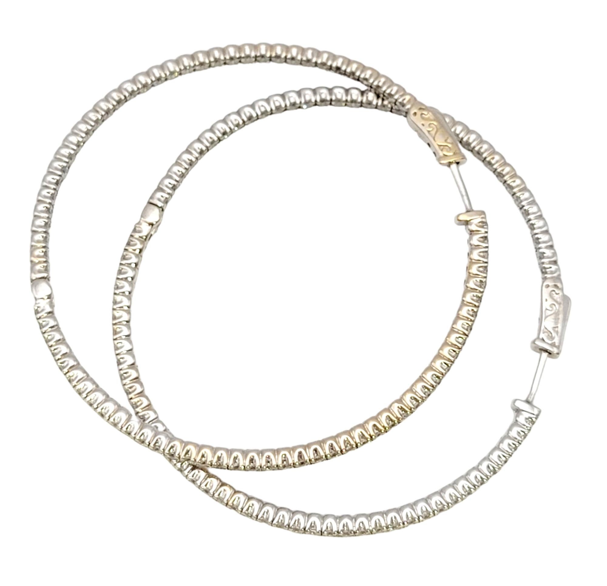 3.00 Carat Round Diamond Inside-Outside Large Hoop Earrings 14 Karat White Gold For Sale 1