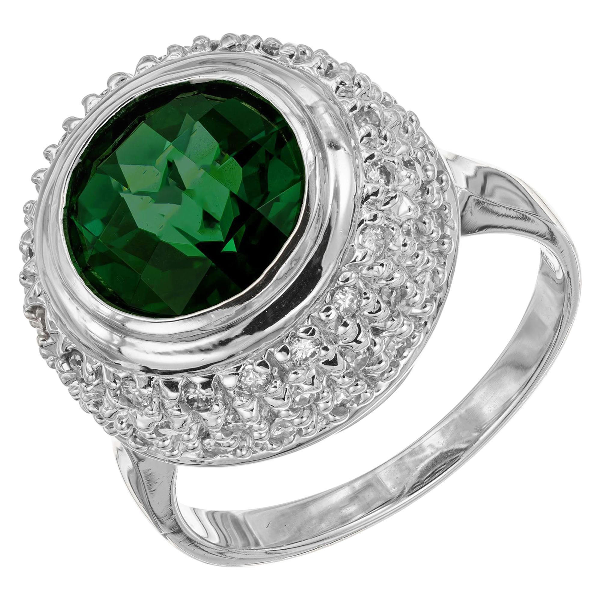 3.00 Carat Round Green Tourmaline Diamond Gold Ring For Sale
