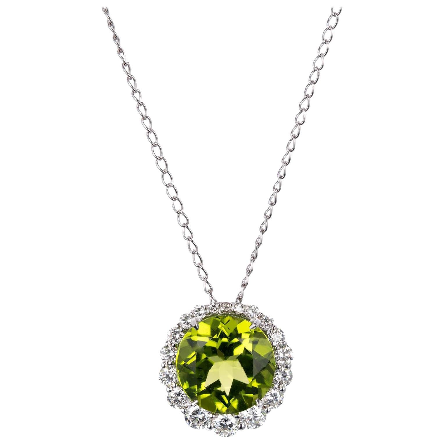 3.00 Carat Round Peridot Diamond Halo White Gold Pendant Necklace