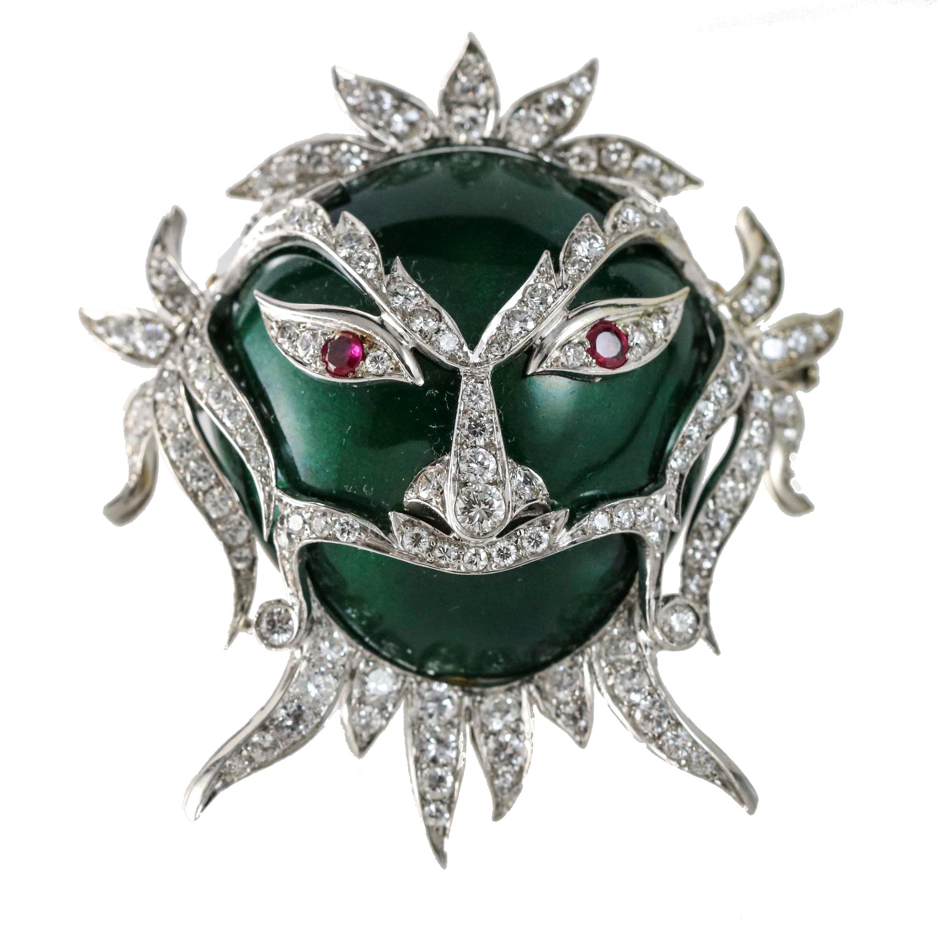 3.00 carat Ruby and Diamond 18k Gold Green Enamel Carnival Ornate Mask Brooch For Sale