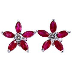 3.00 Carat Ruby Cluster Diamond Earrings Snow Flake Cluster Glam 14 Karat