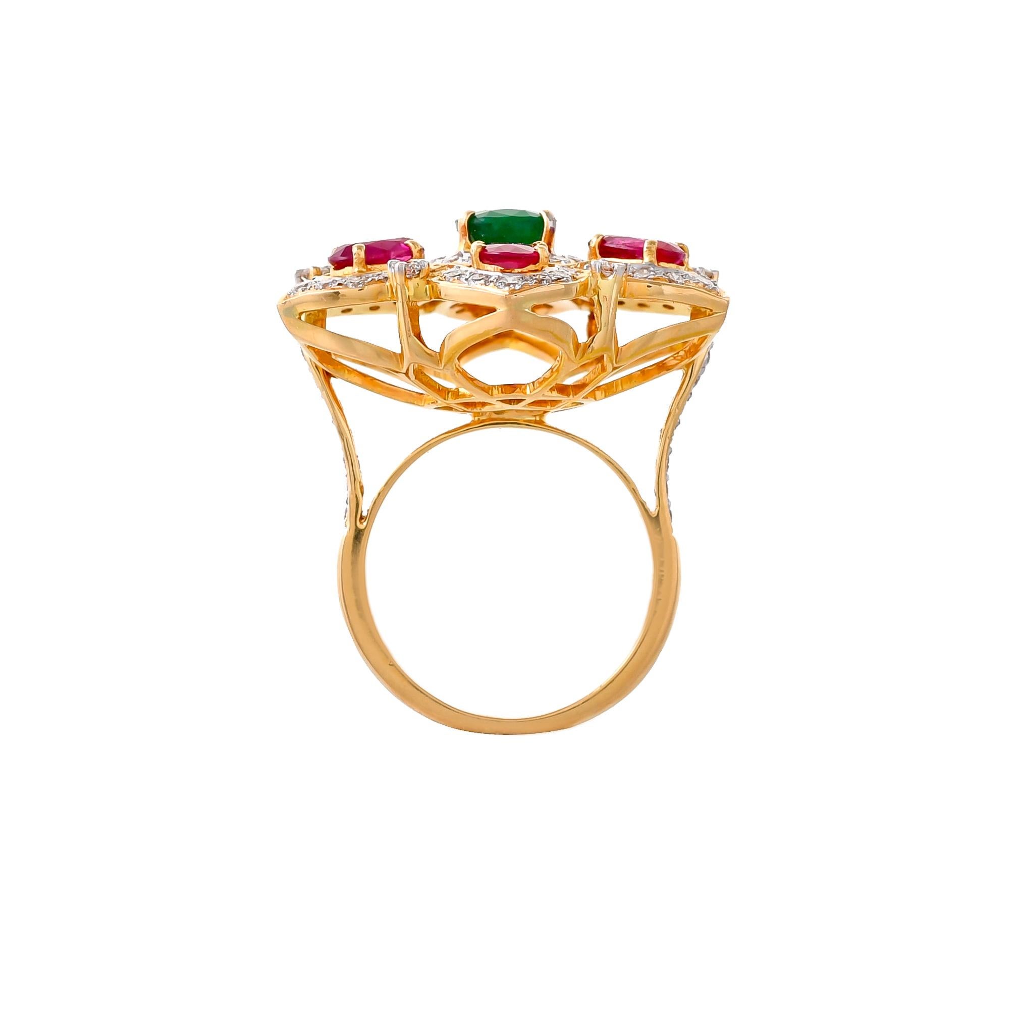 Oval Cut 3.00 Carat Ruby Emerald and Diamond 18kt Yellow Gold Floral Cocktail Ring For Sale
