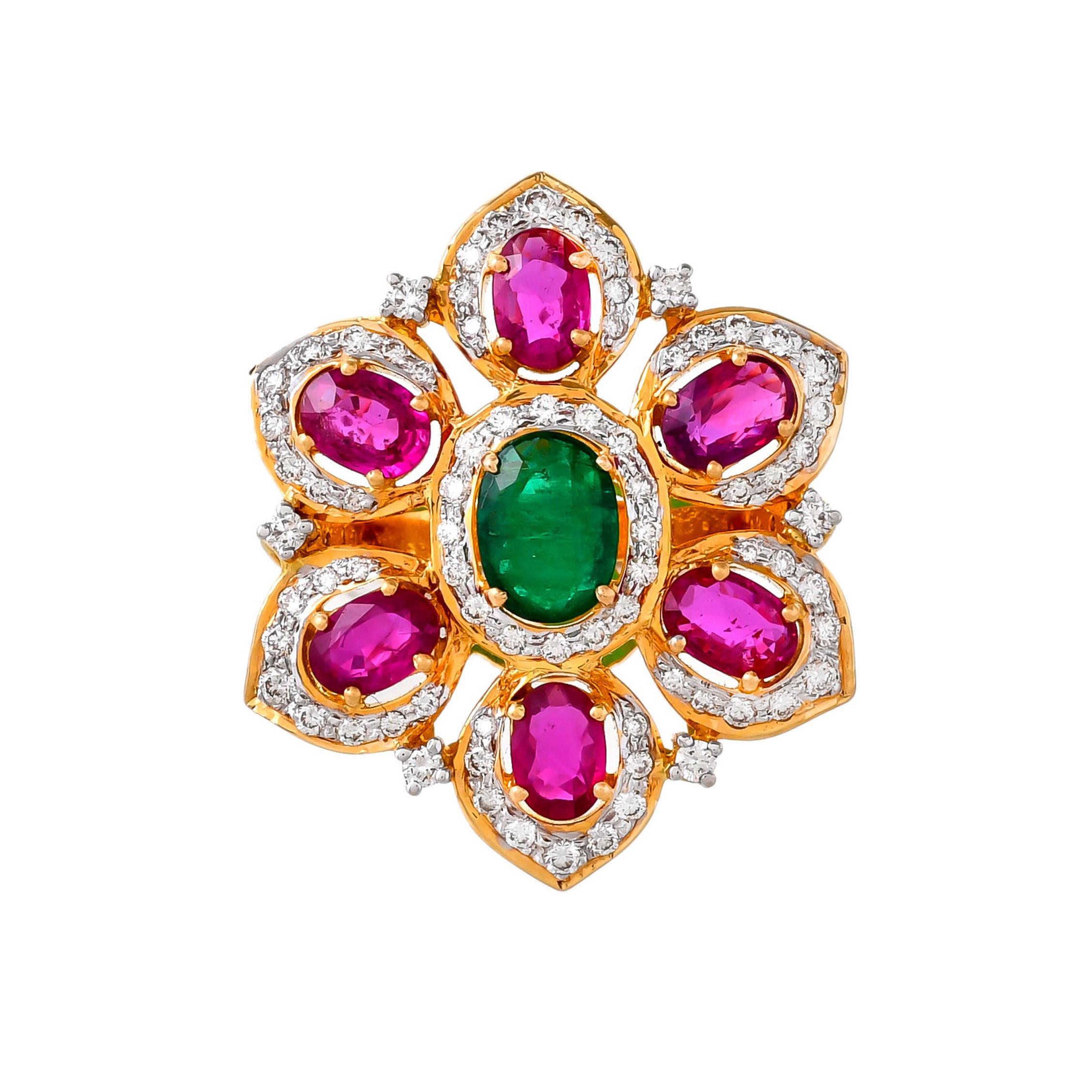 3.00 Carat Ruby Emerald and Diamond 18kt Yellow Gold Floral Cocktail Ring For Sale