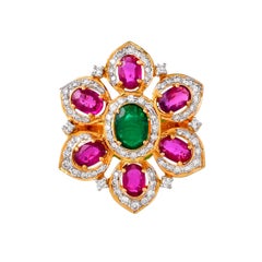 3.00 Carat Ruby Emerald and Diamond 18kt Yellow Gold Floral Cocktail Ring