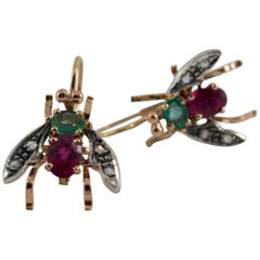 3.00 Carat Ruby Emerald White Diamond Yellow Gold Lever-Back "Flies" Earrings