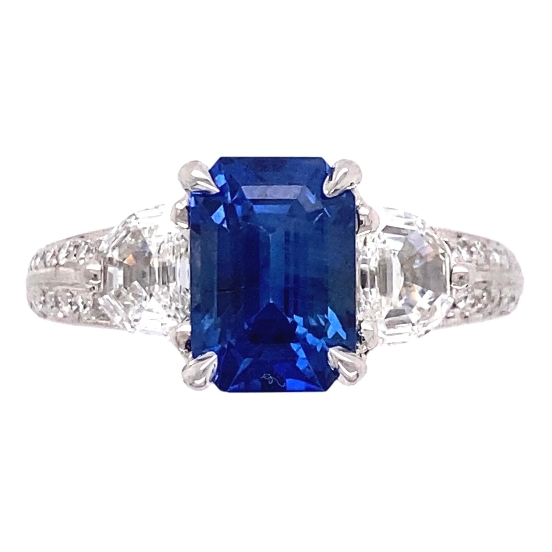 3.00 Carat Sapphire and Diamond Three-Stone Platinum Ring Fine Estate Jewelry For Sale