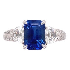 3.00 Carat Sapphire and Diamond Three-Stone Platinum Ring Fine Estate Jewelry