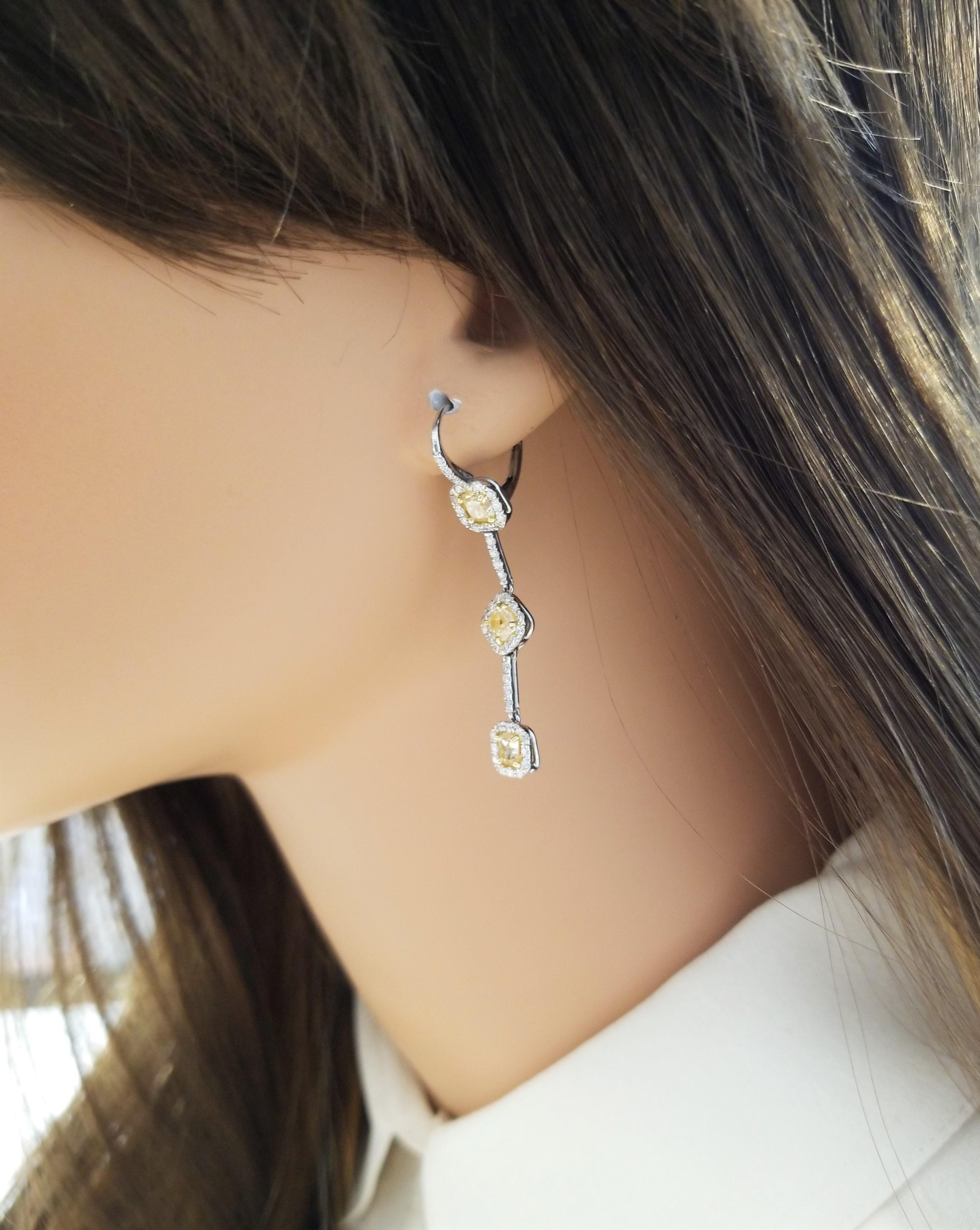 3.00 Carat Total Cushion Cut Fancy Yellow Diamond Dangle Earrings in Platinum In New Condition In Chicago, IL