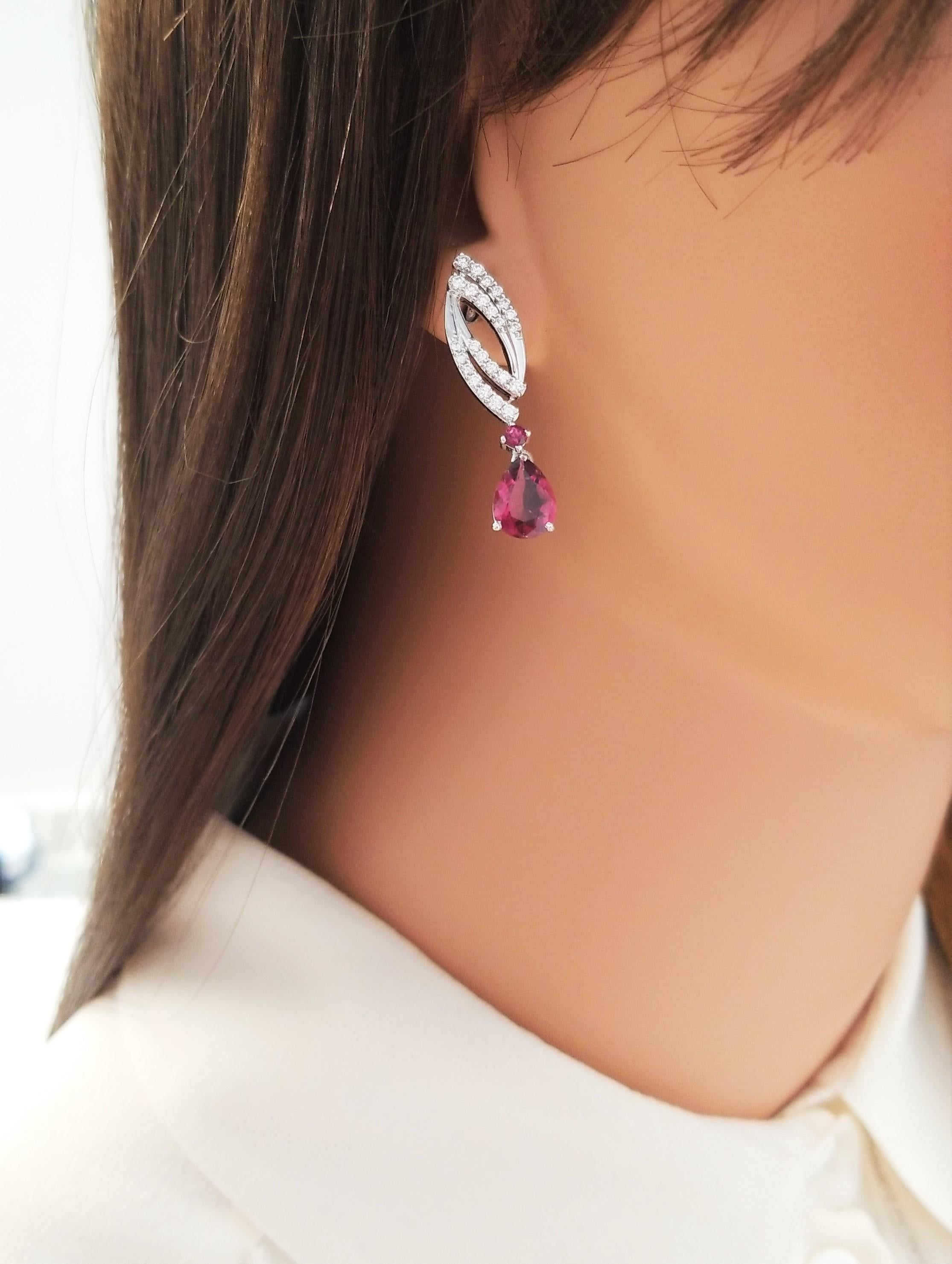 Contemporary 3.00 Carat Total Pear Shape Rubelite and Diamond Earrings in 18 Karat White Gold