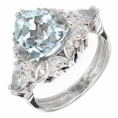 3.00 Carat Triangle Cut Aquamarine Diamond Halo Gold Engagement Ring