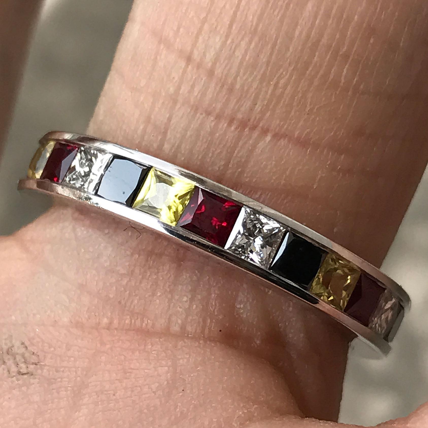 Modern 3.00 Carat TW Princess Cut Rainbow Chanel Set Eternity Wedding Band, Ben Dannie For Sale